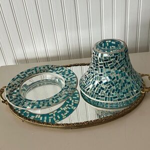Mosaic Glass Candle Shade & Plate in Teal Tiles